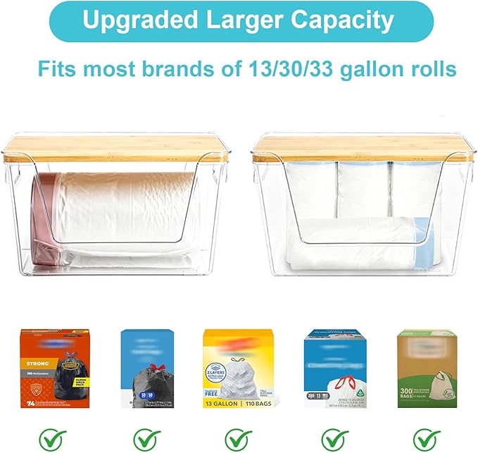 2-Pack Trash Bag Holder with Bamboo Lid, Acrylic Stackable Trash Bag Dispenser for 13/30/33 Gal Bags, Large Garbage Bags Dispenser Holder for Kitchen Laundry Room Under Sink Organization