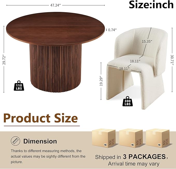 Kitchen Dining Table Set for 2, Farmhouse Round Dining Room Table and 2 Seated Dining Accent Chairs Curved Backrest&Armrest, Modern Dining Room Table Set for Home Dining Hall