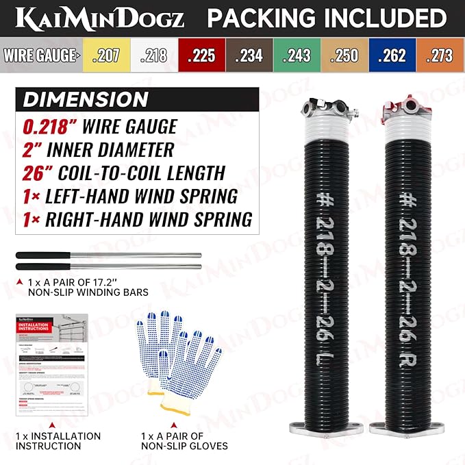 Pair of 2" Garage Door Torsion Springs Set with Non-Slip Winding Bars & Gloves, Precision Electrophoresis Black Coated Without Oil, for Replacement & Installation, MIN 16,000 Cycles(0.218x2''x26'')