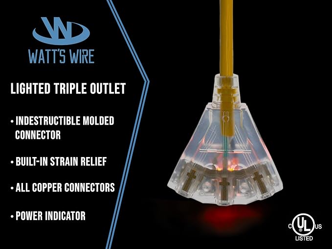 6 ft Outdoor Extension Cord Waterproof - 12 Gauge Heavy Duty Extension Cord Splitter - Lighted Outdoor Extension Cords with Multiple Outlets - Watts Wire - 6' Grounded - extensiones electricas