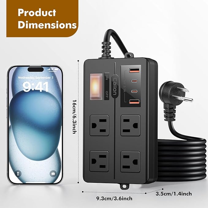 IPX6 Outdoor Power Strip Weatherproof, Waterproof Surge Protector with 4 Wide Outlet with 2A2C USB Ports, 15FT Long Extension Cord, Wall Mountable for Outside Decorations and More UL Listed(Black)