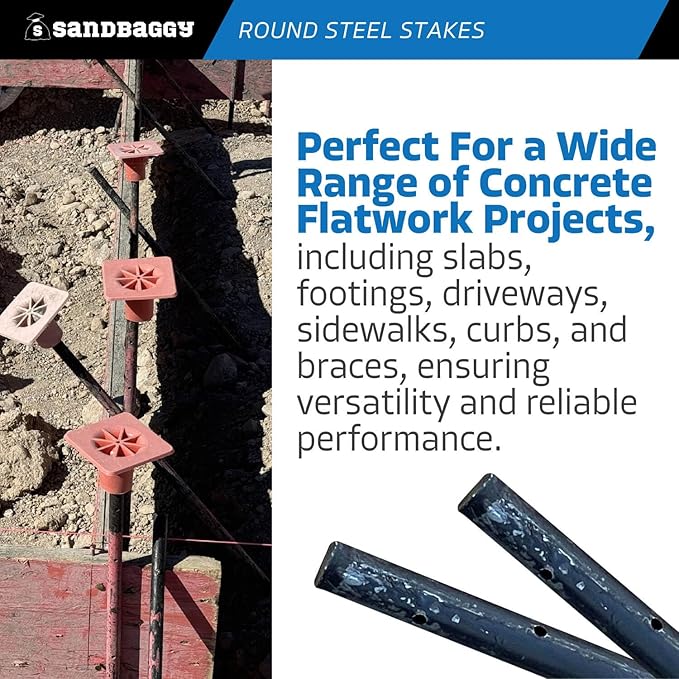 Sandbaggy 72" Round Steel Concrete Form Stakes with Nail Holes - Rust Resistant Coating - Removable, Reusable (5)