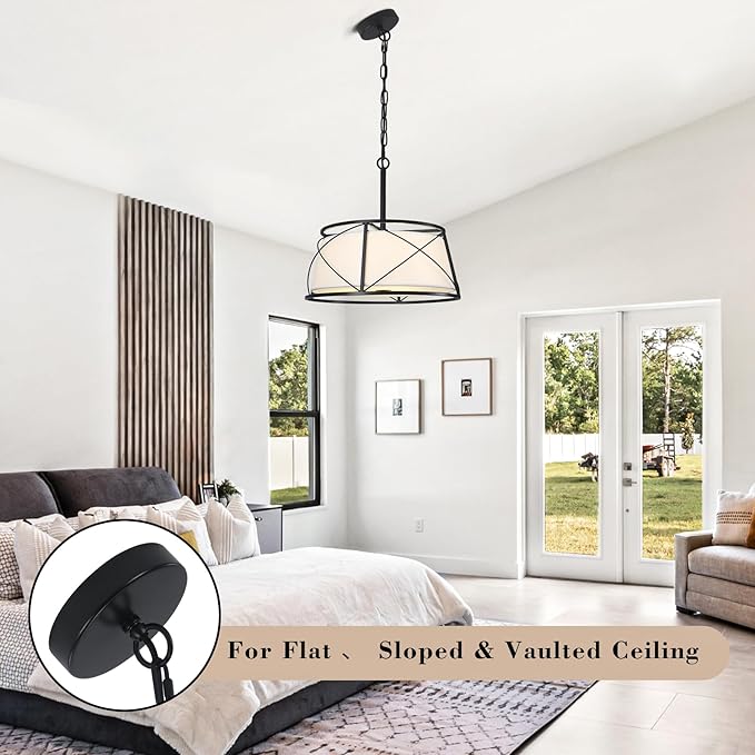 15.7" Drum Chandeliers for Dining Room, Black Modern Chandelier with White Fabric Shade for Bedroom Kitchen Islands Living Room