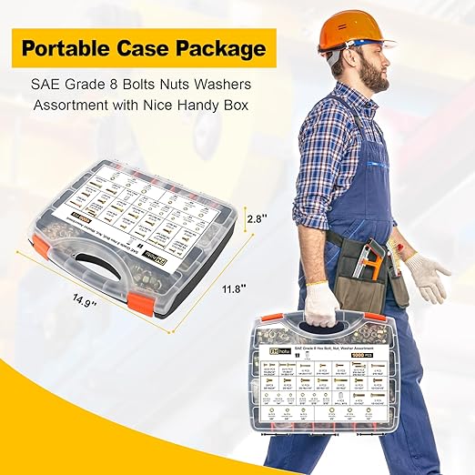 1000PCS Grade 8 Bolt Assortment Kit, Heavy Duty Bolts and Nuts Kit, 1/4-20 5/16-18 3/8-16 1/2-13 SAE Grade 8 Alloy Steel Hex Cap Screws Nuts Washers, Comes with 4 Bits（Yellow Zinc Plated）
