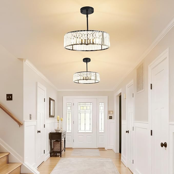 4-Light Black Crystal Chandelier for Dining Room,Modern Semi Flush Mount Ceiling Lighting Fixtures,Round Kitchen Hanging Drum Pendant Lights for Living Room Bedroom Foyer， 16 Inch
