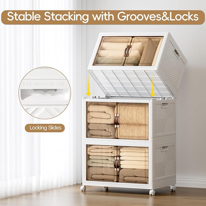 JEKO&JEKO 800Qt Stackable Storage Bins with Lids and Wheels, Foldable Collapsible Plastic Boxes for Clothes, Home, White, 6Pack