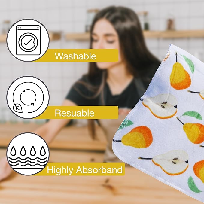 Pack of 10 Reusable Paper Towels | 10x10 Inch Cotton Towels | Kitchen Utensils Print | Eco Friendly, Washable, Quick Drying | Sustainable Cleaning Cloths | Pears