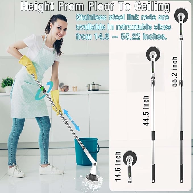 Electric Spin Scrubber, Cordless Cleaning Brush, Rechargeable Scrub Brush with 8 Replaceable Brush Heads, Adjustable Length and Angle Power Scrubber for Bathroom Tile Bathtub Glass