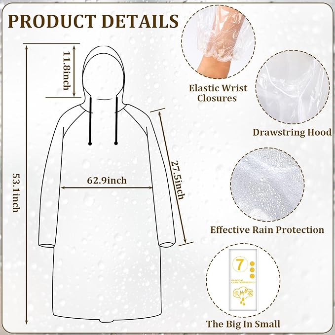 49/98 Pcs Disposable Rain Ponchos for Adults with Padded Drawstring Hoods and Pockets, Suitable for Emergency