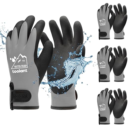toolant 100% Waterproof Gloves Bulk Pack, 3 Pairs, Winter Work Gloves for Cold Weather, Touchsreen, Warm Freezer Gloves, Thermal Insulated, With Grip, Grey, Small