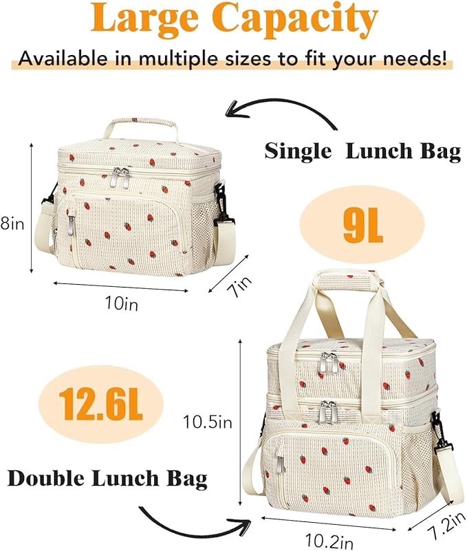 Insulated Lunch Bag for Men & Women - Leakproof Lunch Box Soft Cooler Tote, Adjustable Strap, Reusable Lunch Box for Work Office Picnic Beach Travel-Corduroy Strawberry