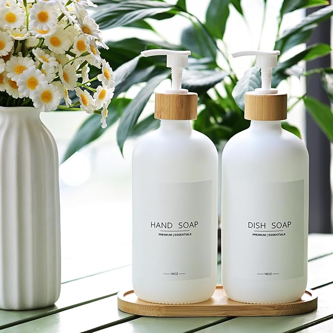 Luxury Glass Soap Dispenser Set - 2 Refillable 16.9oz Bottles, Bamboo Pump & Tray for Farmhouse & Modern Decor, 9 Waterproof Labels for Kitchen/Bathroom (White Bottle+White Bamboo Pumps+Tray)