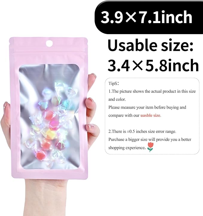 100 Pack Resealable Plastic Bags for Food Storage, Zipper Bags with Clear Front Window, Packaging Pouch for Small Business (Pink, 3.9x7.1 inch)