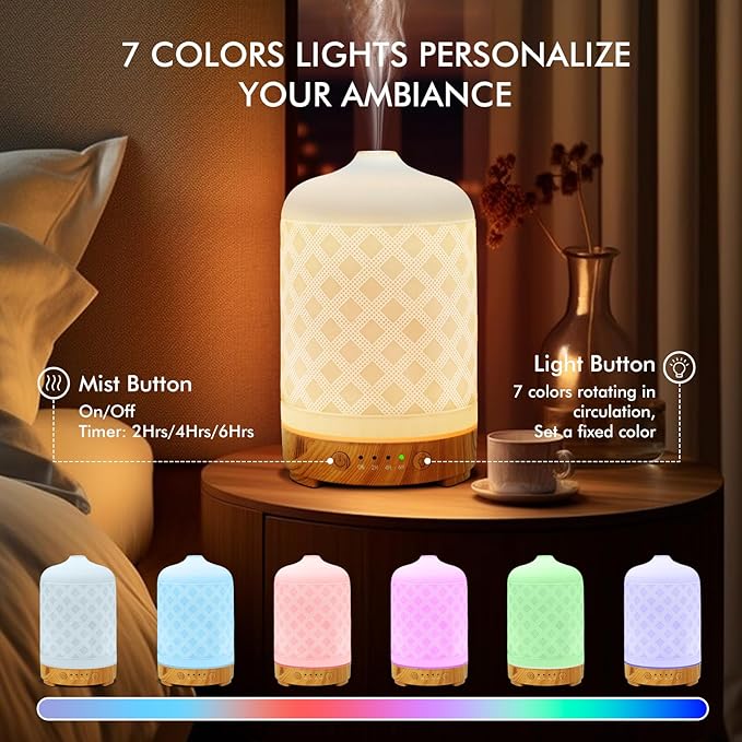 Essential Oil Diffuser 200ml-Ultrasonic Aroma Diffuser with 4 Timers, Aromatherapy Diffuser 7 Color LED Lights Waterless Auto Off for Home Office Yoga Gift (Ceramic White)