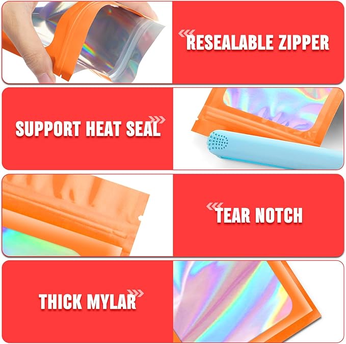 Funfery 300 Pack 3 Size Mylar Holographic Bags with Clear Window,Resealable Bag Smell Proof Foil Baggies Packaging Pouch for Food Storage,Sample,Small Business(Orange,3x4.7,4x6,4.7x7.9in)