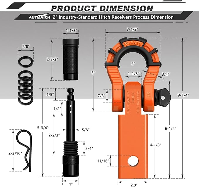 AUTMATCH Shackle Hitch Receiver 2" with 3/4" Mega D Ring Shackle and 5/8" Trailer Hitch Lock Pin, 68,000 Lbs Break Strength Heavy Duty Receiver Towing Kit for Off-Road Vehicle Recovery, Orange