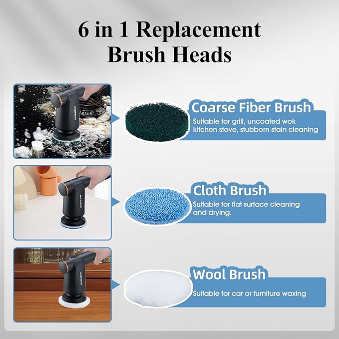 Electric Spin Scrubber, ‌Cordless Cleaning Brush with 6 Replaceable Heads‌, ‌2 Speeds & 4-Hour Runtime‌, IPX7 Waterproof, Shower Scrubber with LCD Display, ‌Bathroom, Kitchen, Car, Gray-Black