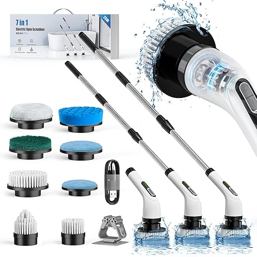 Cordless Electric Spin Scrubber - IPX7 Waterproof, LCD Display, 8 Brush Heads, Adjustable Extension Handle, for Shower, Bathtub, Tile, Grout, Kitchen, Bathroom Cleaning