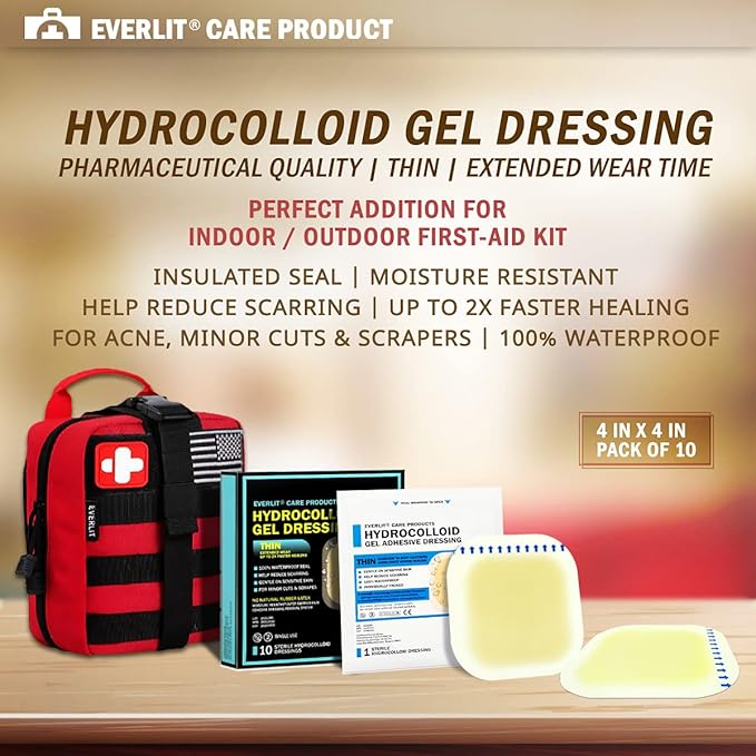 EVERLIT Hydrocolloid Wound Dressing | Waterproof Adhesive Bandage 4" x 4" [Pack of 10] | Sterile, Advance Healing for Acne Breakout, Bed Sores, Ulcers and Blisters (Advanced Hydrocolloid Gel Dressing)