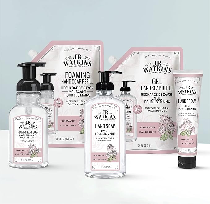 J.R. Watkins Gel Hand Soap Refill, Moisturizing Hand Wash, Alcohol-Free, Cruelty-Free, Rosewater, 34 Fl Oz, 3 Pack