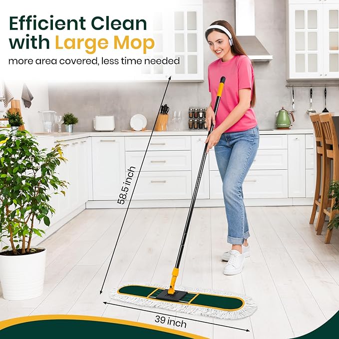 36” Commercial Duster Mops, Extra Large Floor Duster with 2 Replacement Pads, 60” Long Handle Heavy Duty Industrial Wet&Dry Flat Mop for Hardwood Floors, Marble, Laminate, Tile, Concrete, Garage