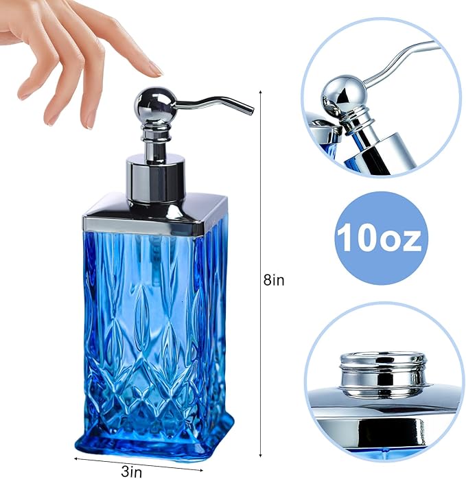 10Oz Diamond Grid Pattern Blue Glass Soap Dispenser with Rust Proof Stainless Steel Pump,Refillable Hand Soap Dispenser for Bathroom & Kitchen Hand Soap,Lotion,Body Wash(Square)