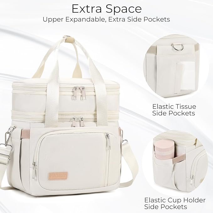 Lunch Box for Men Women - Double Deck Insulated Lunch Bag, Large Leak Proof Tote Cooler, Wide Open Dual Compartment Lunch Bags with Shoulder Strap, For Work Picnic Hiking Beach, Beige