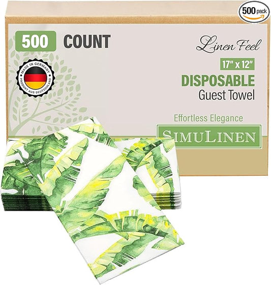 SimuLinen Paper Towels - Decorative Tropical Banana Leaves Design –- Cloth-Like, Linen-Feel for Guest Bathroom Essentials, Size: 12x17” (Pack of 500) Made in Germany