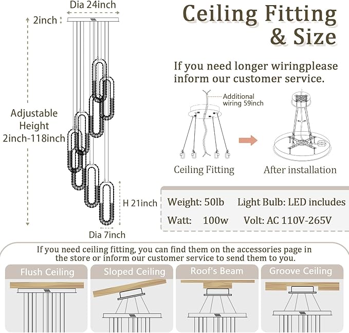 8 Rings Crystal Chandelier,H 118" Modern Silver Pendant Light Luxury Foyer Lighting Fixture High Ceiling Chandelier for Entryway,Staircase,Living Room,Villa LED Dimmable 2700K-6000K