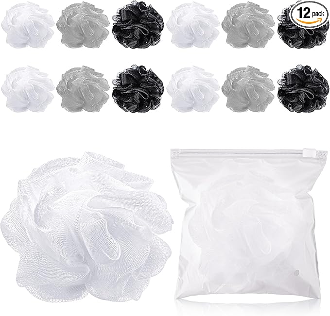 12 Pcs Travel Size Loofah Individually Wrapped, Small Shower Puff Bath Sponge Pouf Ball Bulk Mesh Bath Puff Mini Loofah Sponge with Case Bulk for Shower Care (25g,Achromatic Colors)
