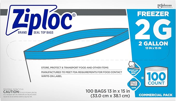 SC Johnson Professional Ziploc Professional Freezer Bags, For Food Organization and Storage, Double Zipper, 2 Gallon, 100 Count