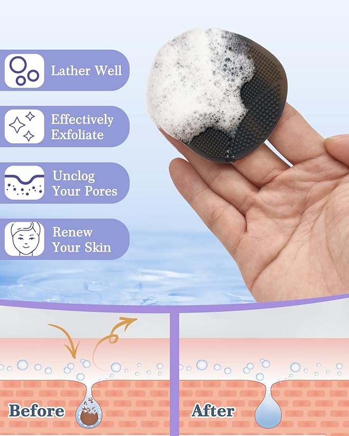 Manmihealth Silicone Back Scrubber & Soft Bath Glove Set 4 PCS(Thin Bristles), Super-Exfoliating Body Scrubber & Super-Lathering Shower Brush Combination, with 2 Free Hooks (Black)