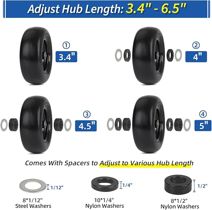 11x4.00-5” Flat Free Lawn Mower Tire and Wheel with Bearing Bore 3/4" or 5/8", 3.4"-4"-4.5"-5" Centered Hub, Smooth Tread Tire for Zero Turn Mowers, 2 Pack