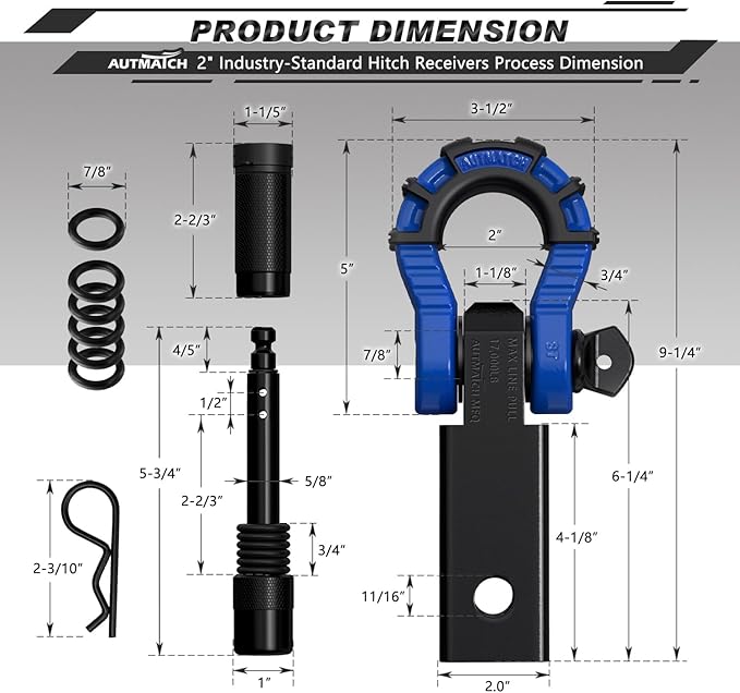 AUTMATCH Shackle Hitch Receiver 2" with 3/4" Mega D Ring Shackle and 5/8" Trailer Hitch Lock Pin, 68,000 Lbs Break Strength Heavy Duty Receiver Towing Kit for Off-Road Vehicle Recovery, Black & Blue