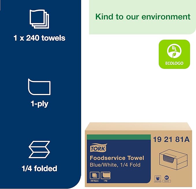 Tork Foodservice Cleaning Towel Blue/White Self Dispensing, 1/4 Folded, 1 x 240 Cloths, 192181A