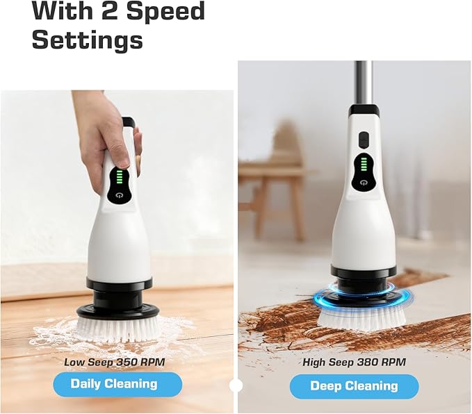 Kingwell Electric Spin Scrubber, Cordless Electric Scrubber for Cleaning with 9 Brush Heads, 2 Speeds,3 Adjustable Handle, 90Mins Work Time, Shower Scrubber for Bathroom, Tub, Floor,White