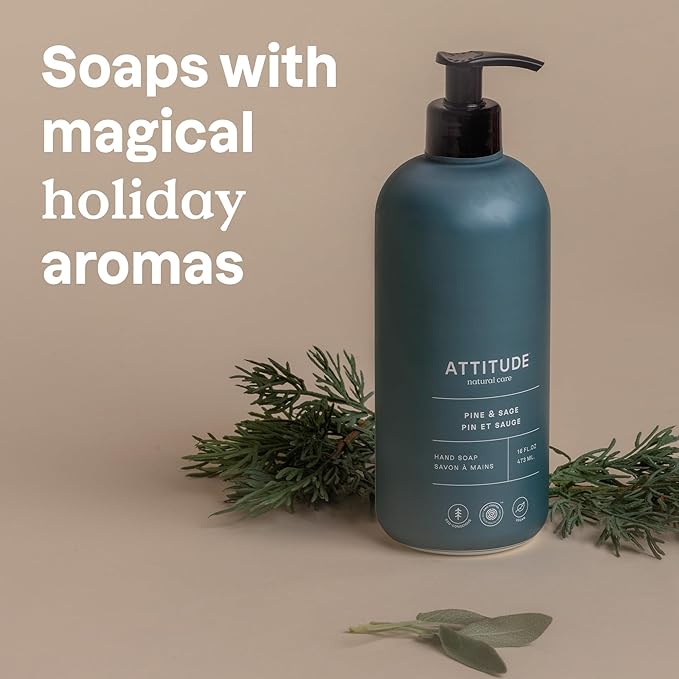 Bundle of ATTITUDE Liquid Hand Soap, EWG Verified, Plant and Mineral-Based, Vegan Personal Care Products, Pine & Sage, 16 Fl Oz + Orange Cinnamon, 16 Fl Oz