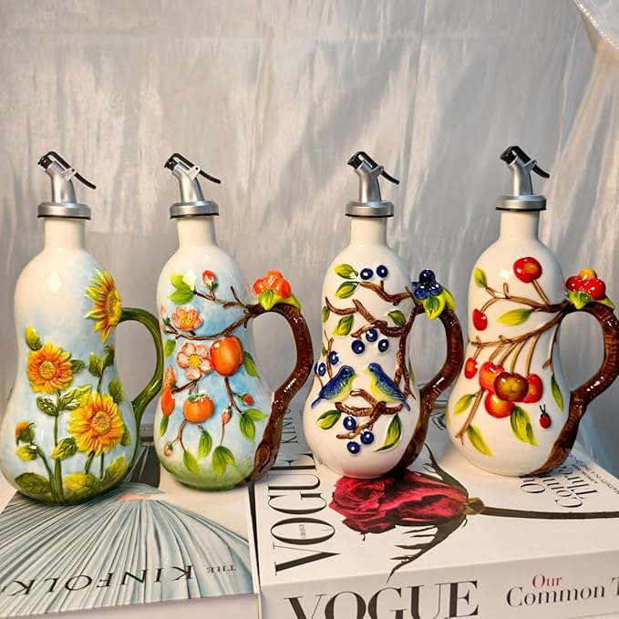 18 oz Hand-Painted Relief Ceramic Olive Oil Bottle Dispenser, with Handle Decorative Olive Oil Dispenser Bottle, for Kitchen Ceramic Oil Vinegar Bottle Seasoning Bottle with Stainless Steel Pour Spout