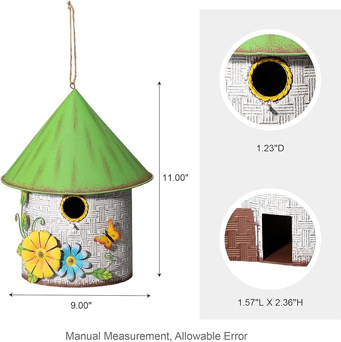 Glitzhome 11" H Distressed Metal Cottage Decorative Birdhouse with a Cluster of 3D Flowers and Butterfly Hanging Bird House for Garden Patio Backyard