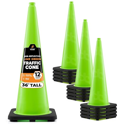 Xpose Safety 36” Lime Green Traffic Cone - 12 Pack - Premium PVC Safety Cone for Parking, Caution, Construction, Road Crews, Emergency Vehicle - DOT Approved