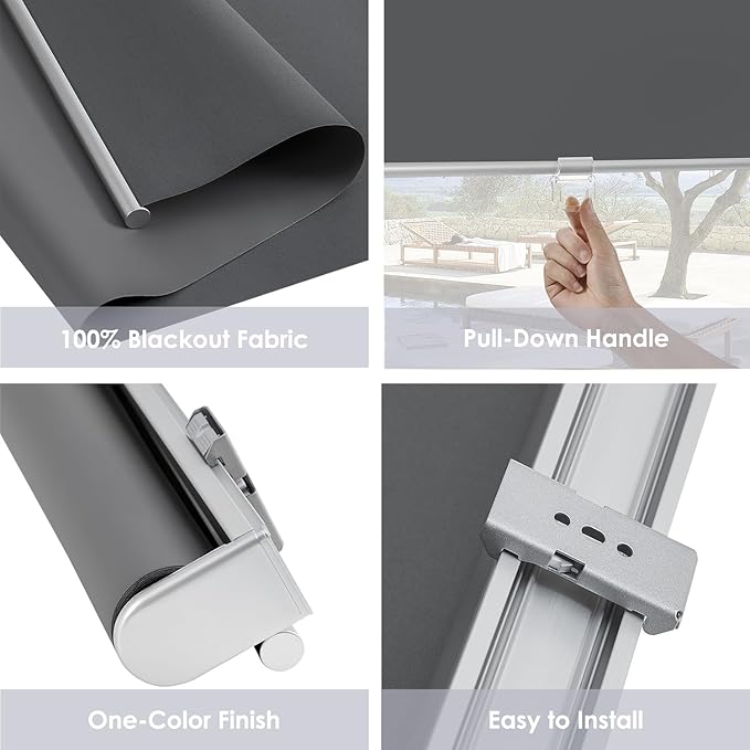 Cordless 100% Blackout Roller Shades for Windows,UV Protection Pull Down Shades,Room Darkening Door Blinds Thermal Insulated Fabric for Home Office and Bedroom(25" W x 72" H,Grey)