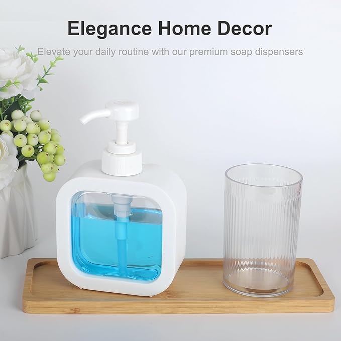 Modern Soap Dispenser for Bathroom and Kitchen Sink, Small Hand Soap Plastic Dish Soap Dispenser with Pump and Labels - White