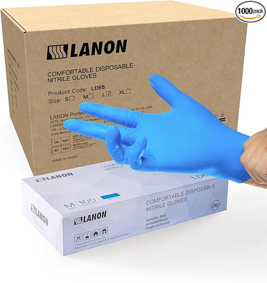 LANON Protection Blue Disposable Nitrile Gloves, Silicone-Free, Food-Safe, Chemical Resistant, Powder-Free, Textured Fingertips, Cooking, Cleaning, Case, Medium