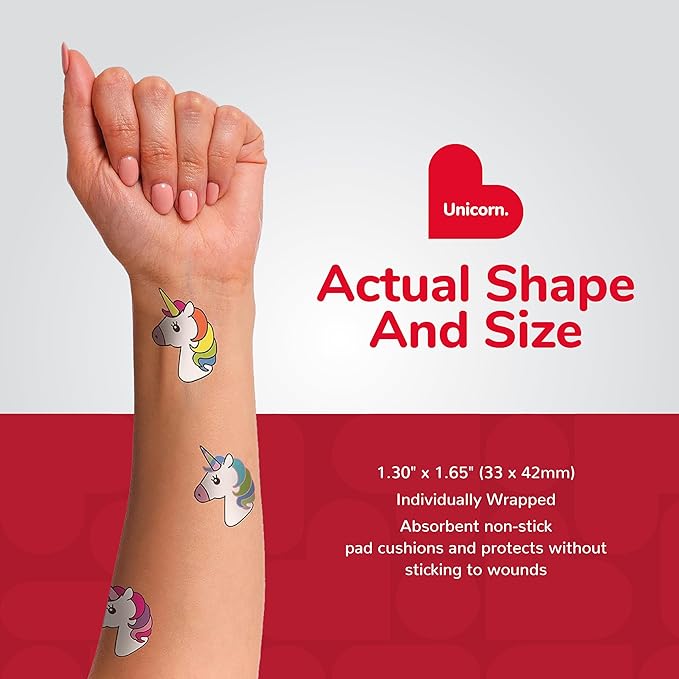 BioSwiss Kids Bandages, Unicorn Shaped Self Adhesive Bandage Set, Latex Free, Sterile Wound Care, 24 Count