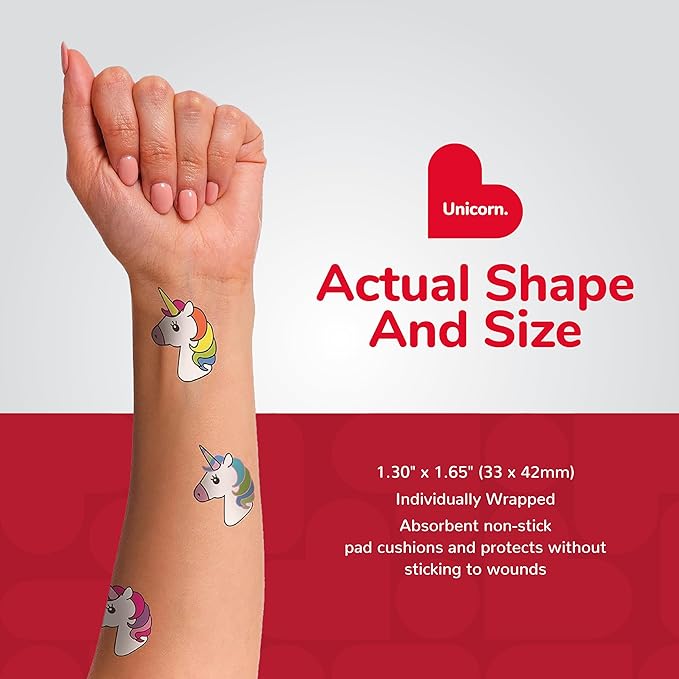 BioSwiss Kids Bandages, Unicorn Shaped Self Adhesive Bandage Set, Latex Free, Sterile Wound Care, 50 Count