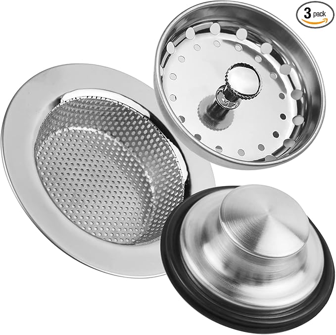 3 Pieces Kitchen Sink Stopper Strainer, 3 in 1 Kitchen Sink Basket Strainer, Universal Anti-Clogging Stainless Steel Sink Disposal Stopper, Perforated Basket Drain Filter Sieve