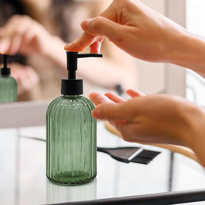 14oz Green Glass Soap Dispenser with Black Pump – Refillable for Hand Soap, Dish Soap, Lotion, Suited for Kitchen, Bathroom & Laundry Room (Olive Green)