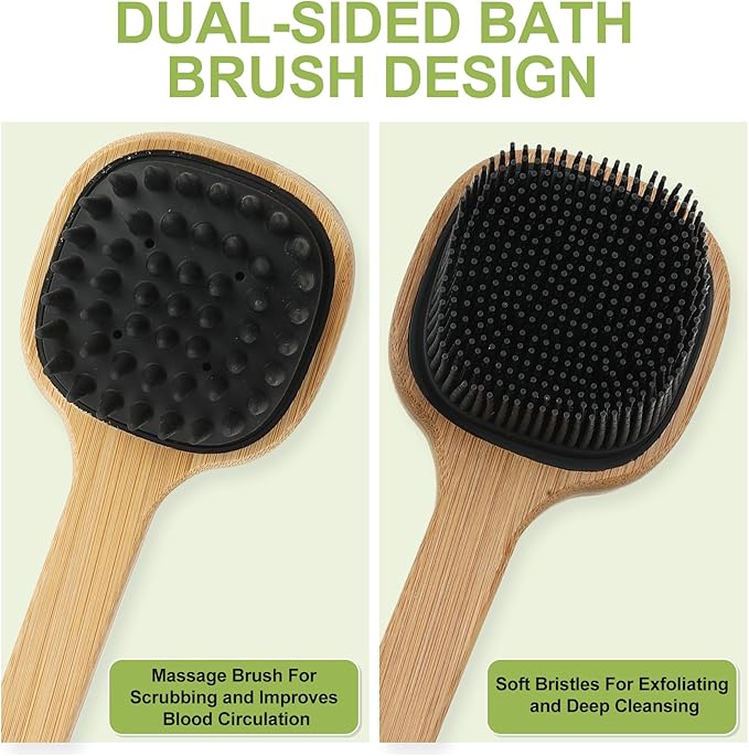 Silicone Back Scrubber for Shower, 2 PCS Silicone Bath Body Brush Loofah with Long Handle, Dual-Sided Shower Brush for Body, Exfoliating Body Scrubber Back Washer for Men Women(Lake Blue +Black)
