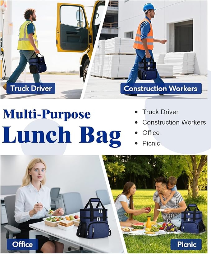 Lunch Box for Men, Double Insulated Lunch Bag Reusable Leakproof Cooler Bag Portable Picnic Food Bag, Adult Lunch Tote Lunch Bag for Work, Construction Worker, Truck Driver, Light Crew-Navy Blue