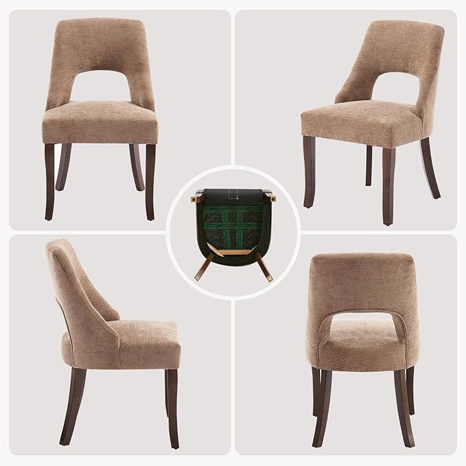 UVV Wooden Dining Chairs Set of 4, Mid Century Modern Upholstered Dining Room Chair Kitchen Chairs, Chenille Dinner Chair with Solid Wood Legs for Kitchen Dining Room, Khaki-Chenille